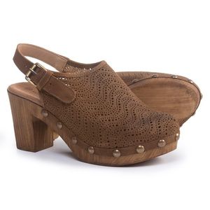 Eric Michael | Women's Brown Embellished Studded Lasercut Julia Clogs Heels